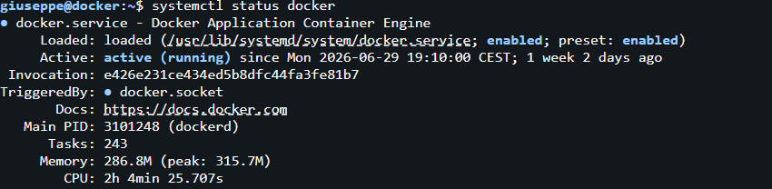 Stato del servizio Docker attivo su Linux