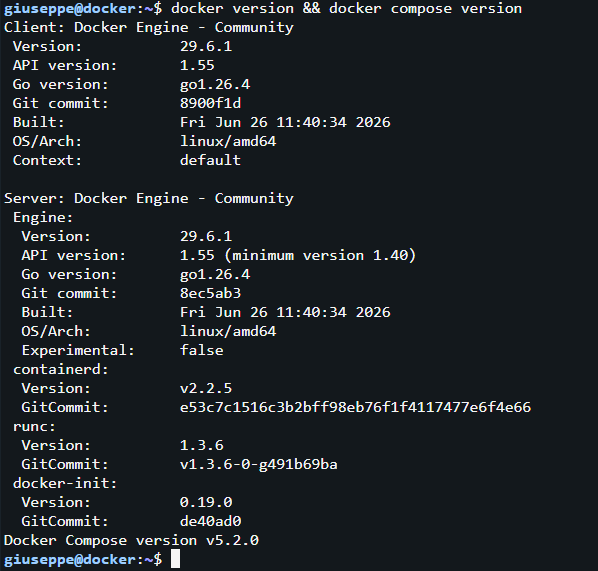 Verifica versione Docker e Docker Compose
