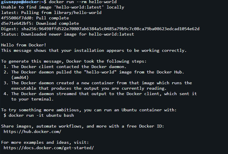Output del container hello-world di Docker