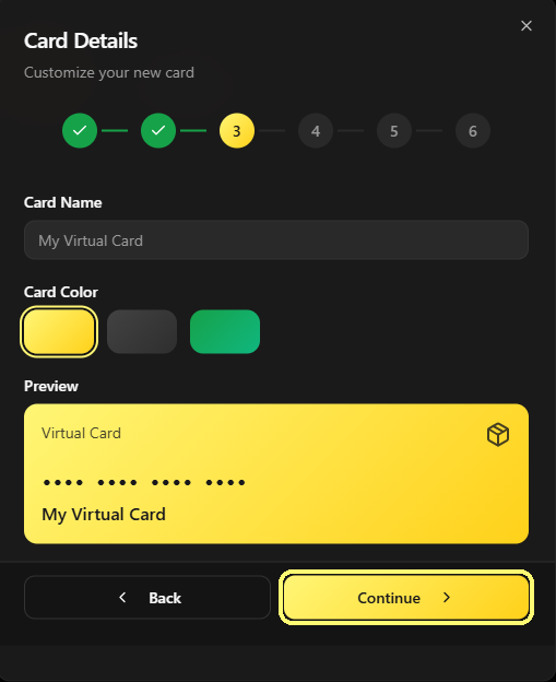 Nome e colore della carta Virtual