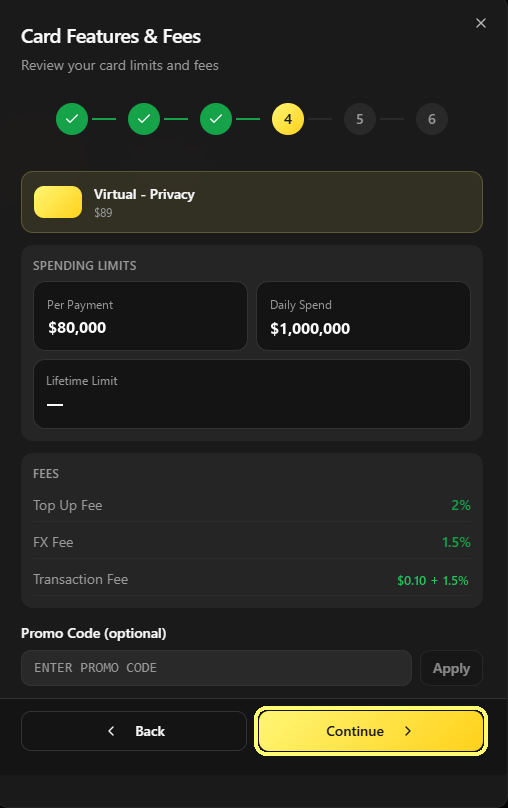 Riepilogo della Virtual Privacy con il campo Promo Code