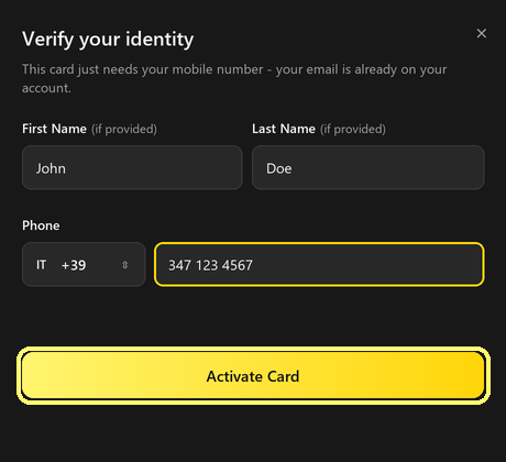Inserimento nome e telefono per attivare la Virtual Privacy