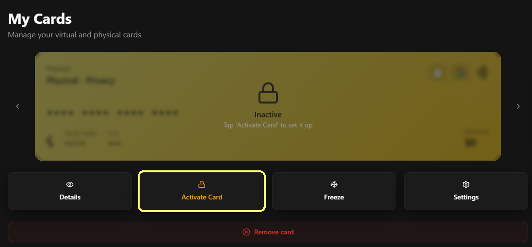 Pulsante Activate Card nella sezione Cards
