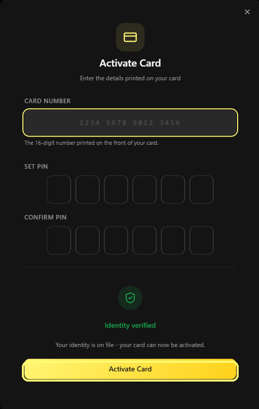 Finestra Activate Card con numero carta e PIN