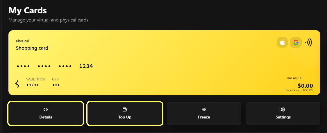Pulsante Top Up nella sezione Cards