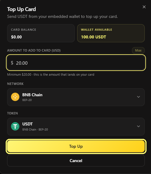 Finestra Top Up Card con importo, rete e moneta