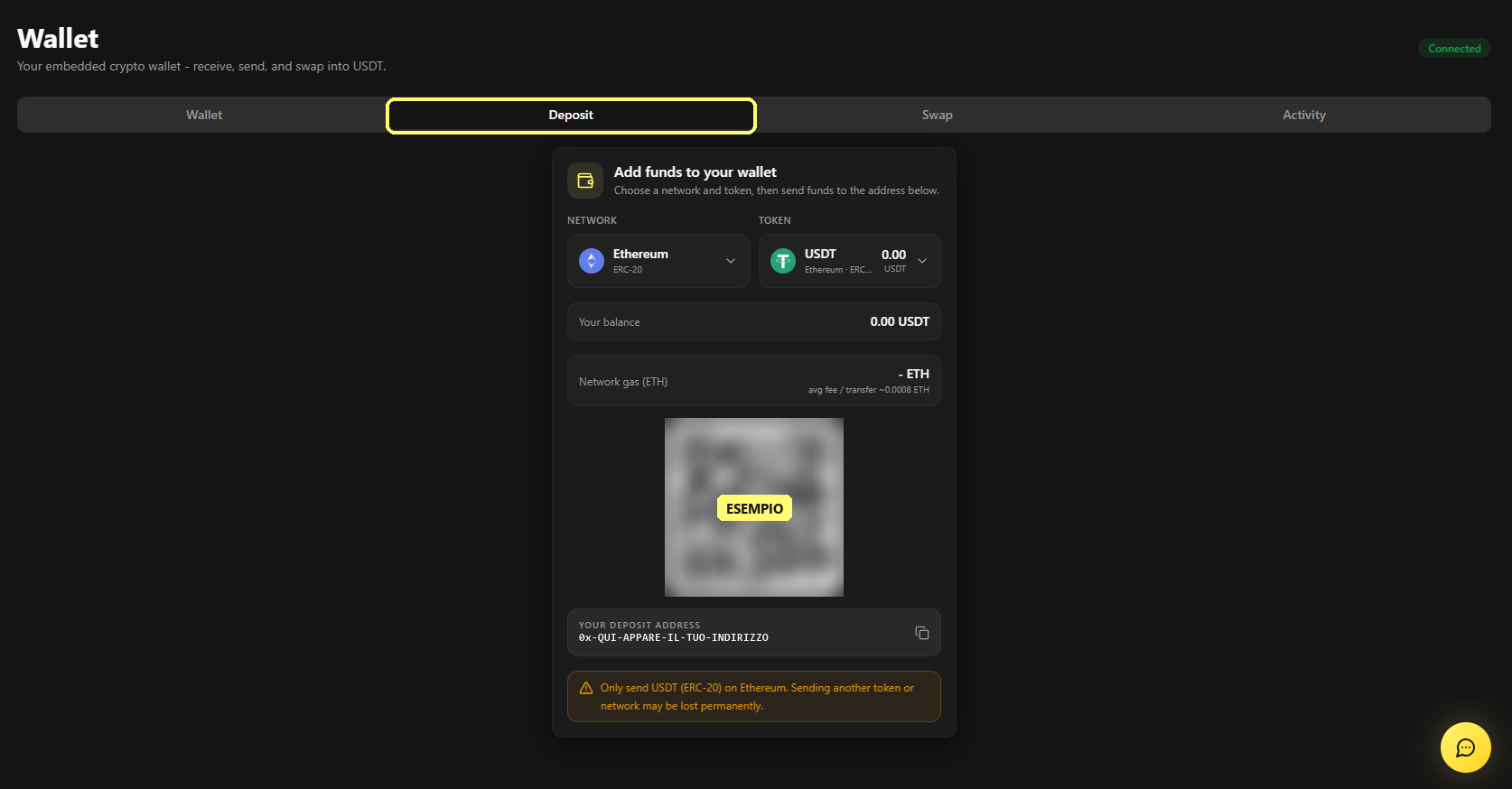 Pagina Wallet con la scheda Deposit evidenziata