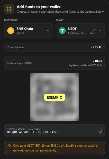 Esempio di deposito su BNB Chain (BEP20) con indirizzo e QR code