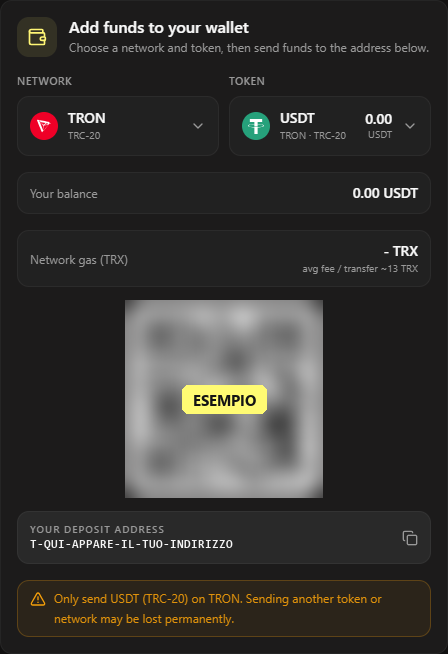 Esempio di deposito su TRON (TRC20) con indirizzo che inizia per T